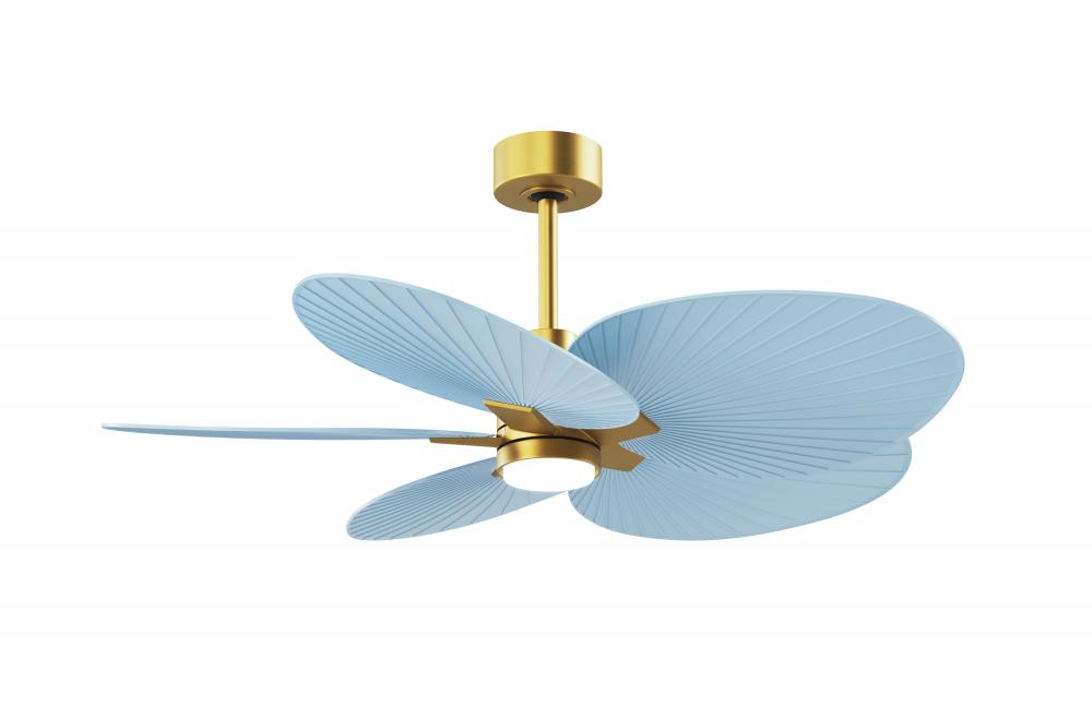 Alessandra Tropical 5-blade ceiling fan in Brushed Brass and Light Blue blades.